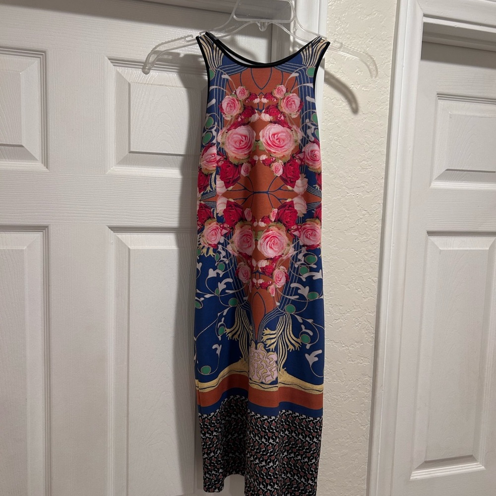Elegant Floral Midi Dress - Blue and Pink